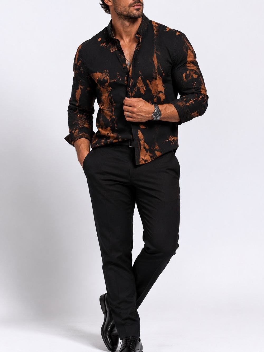 Zara Dress Shirt Mens Slim Fit Small Black Bleach Dye Muscle Unique Formal